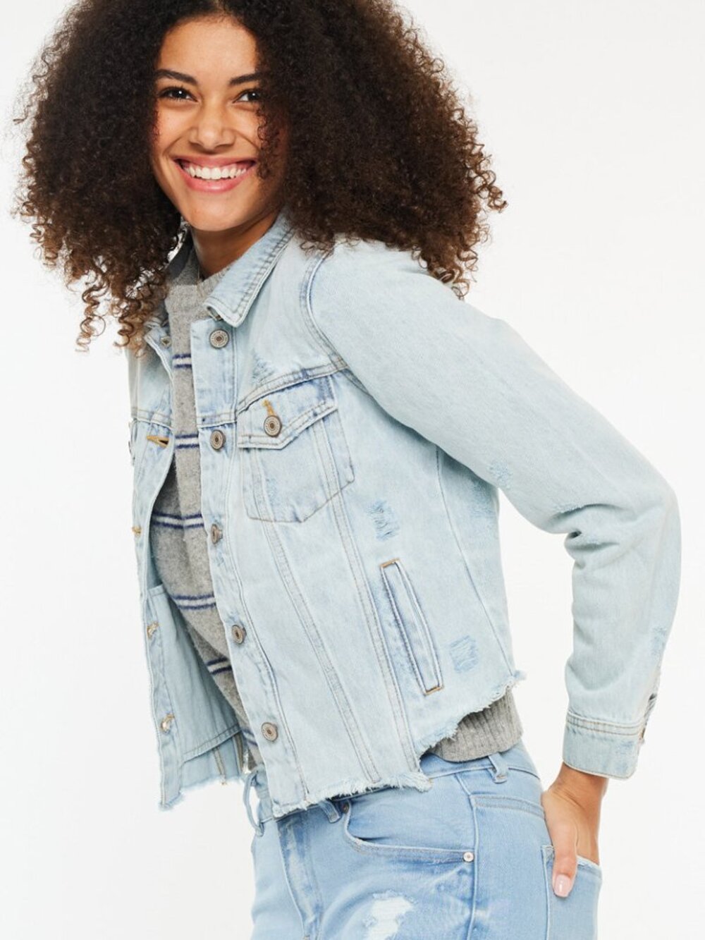 KanCan Light Wash Distressed Denim Jacket - XS